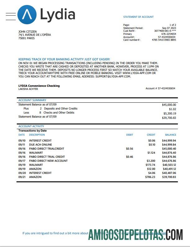 Modelo de extrato bancário França Lydia Noir para impressão, formato Word e PDF